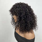 Klaiyi Glueless Short Bob Wig Tousled Bouncy Curly With Bangs Machine Made Wig Virgin Human Hair
