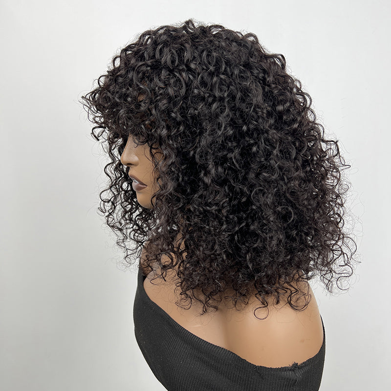 Klaiyi Glueless Short Bob Wig Tousled Bouncy Curly With Bangs Machine Made Wig Virgin Human Hair