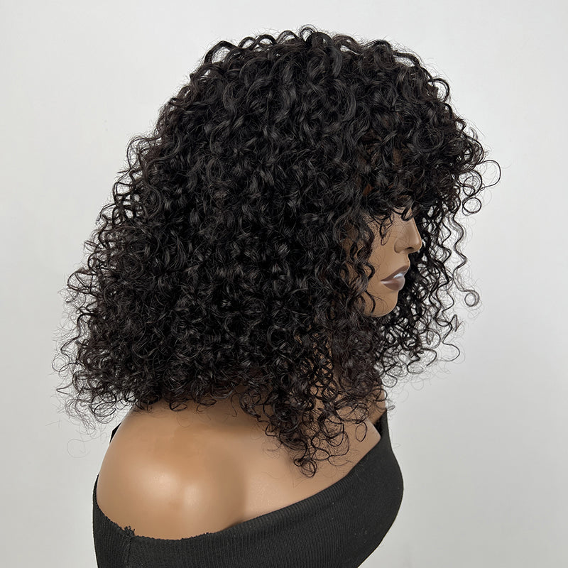 Klaiyi Glueless Short Bob Wig Tousled Bouncy Curly With Bangs Machine Made Wig Virgin Human Hair