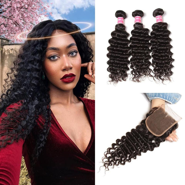 Indian Deep Wave 3 Bundles with 4*4 Lace Closure Deals-Klaiyi Hair