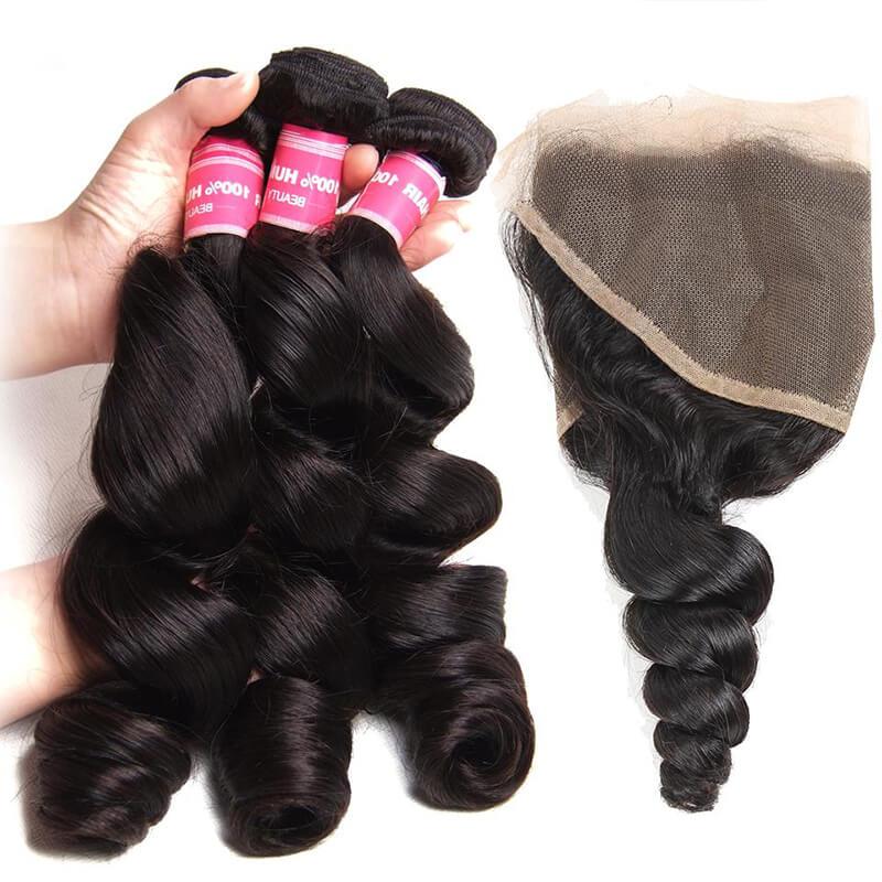 Indian Loose Wave  3 Bundles with 13*4 Ear to Ear Lace Frontal Closure-Klaiyi Hair