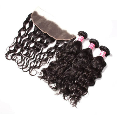 Klaiyi Indian Natural Wave 3 Bundles with 1 Piece Lace Frontal Closure