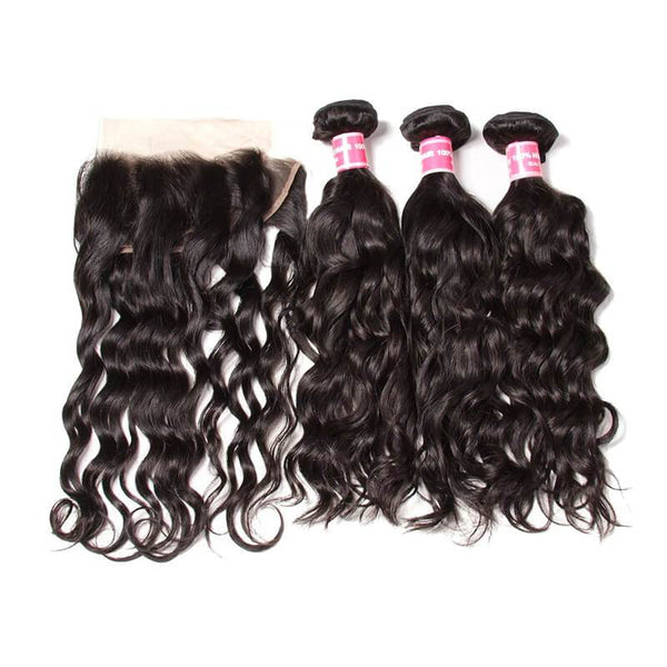 Klaiyi Indian Natural Wave 3 Bundles with 1 Piece Lace Frontal Closure