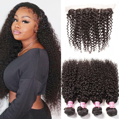 8A 4 Bundles Indian Curly Hair with Ear to Ear Lace Frontal Closure-Klaiyi Hair