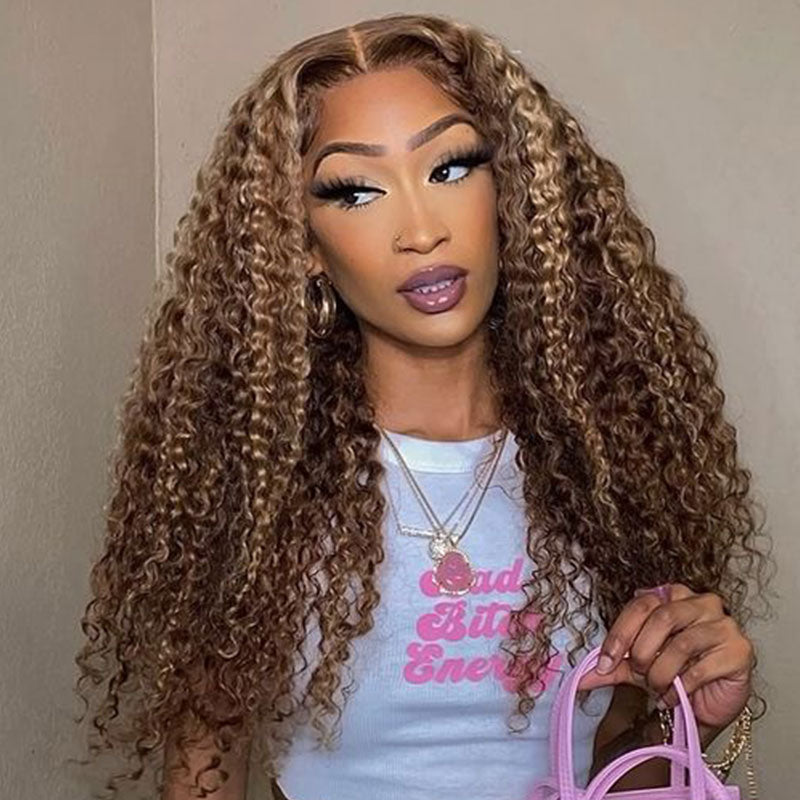 Klaiyi Honey Blonde Highlight Lace Front Wig Kinky Curly Human Hair Natural Density