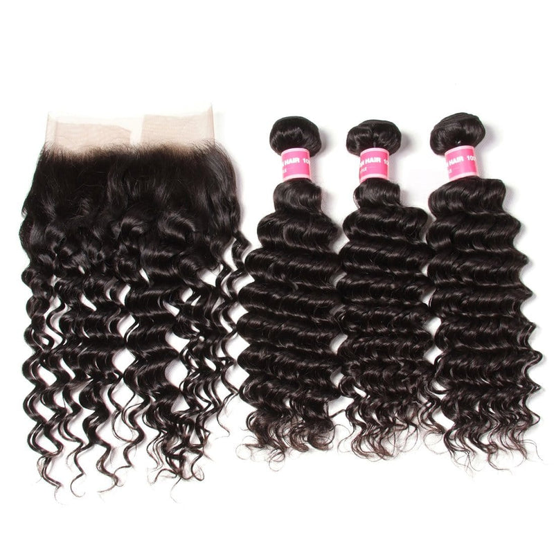 Brazilian Deep Wave 3 Bundles with Lace Frontal Closure, 13*4 Ear to Ear, 100% Virgin Hair-Klaiyi