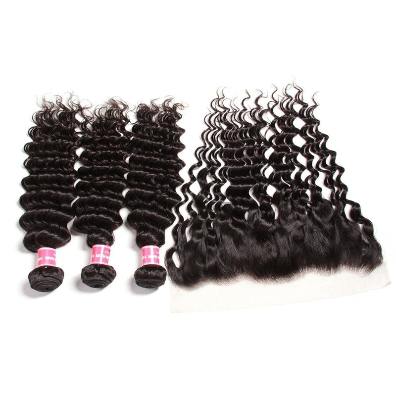 Brazilian Deep Wave 3 Bundles with Lace Frontal Closure, 13*4 Ear to Ear, 100% Virgin Hair-Klaiyi