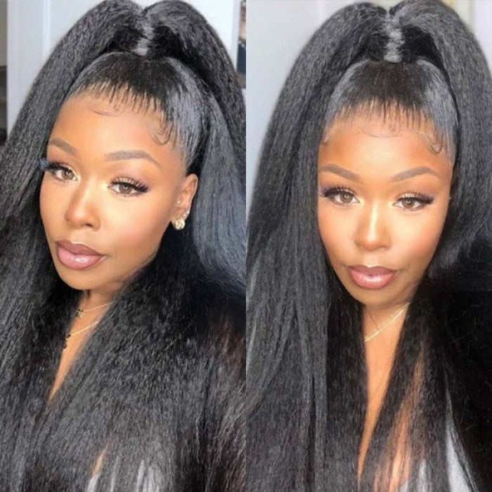 Klaiyi Pre-Cut Lace Wig Wear & Go Kinky Straight Human Hair Wig with Breathable Cap Beginner Wig