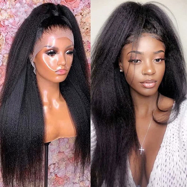 Klaiyi Kinky Straight Lace Closure Wig T Part Human Hair Natural Density Supernatural and Realistic 13x4 Lace Front Wigs