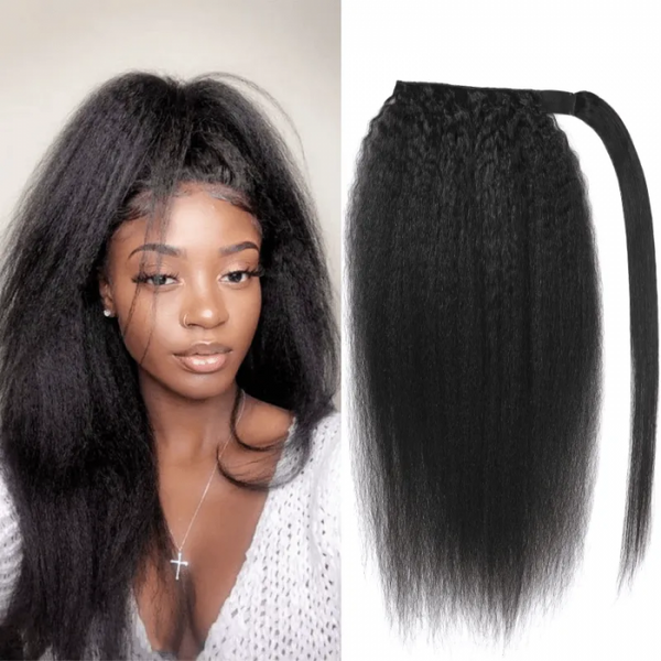 Klaiyi Kinky Straight Ponytail Clip in Hair Extensions Wrap Around Ponytail Braids Natural Black Color