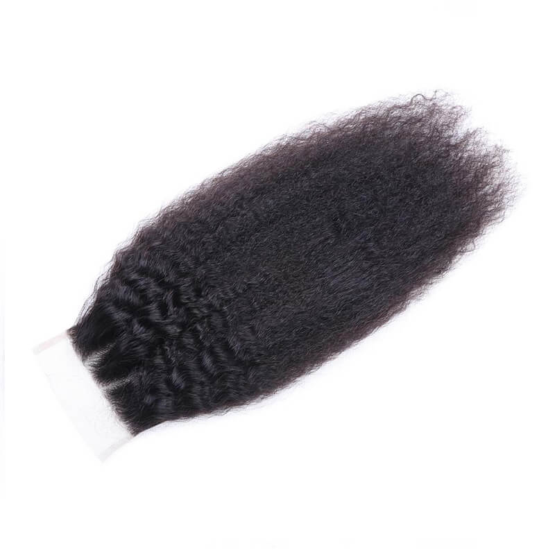 Klaiyi Hair Virgin Human Hair Peruvian Kinky Straight Hair 3 Bundles with 4*4 Lace Closure