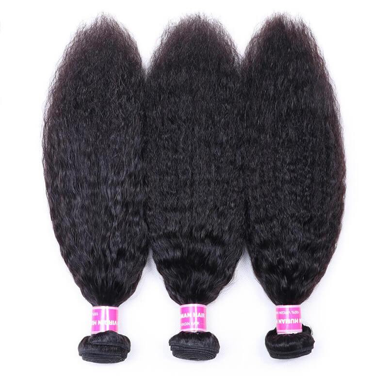 Klaiyi Hair Malaysian Kinky Straight Hair 3 Bundles with 4*4 Lace Closure 100% Human Hair Weaving