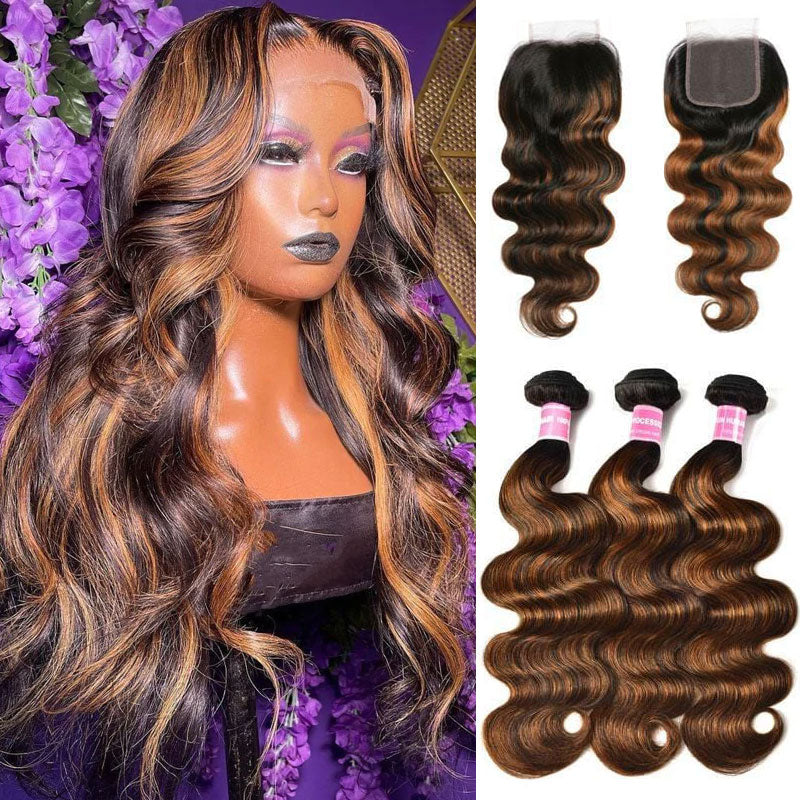 Klaiyi Balayage Hair Color 3 Bundles with Lace Closure Pre Plucked Free Part Highlights Ombre Hair Bundles Body Wave