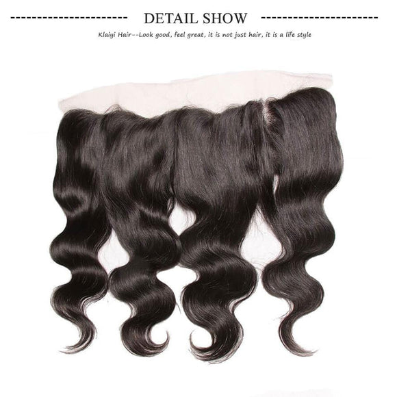Klaiyi Malaysian Body Wave, lot de 3 mèches avec fermeture frontale en dentelle d'oreille à oreille, 100% cheveux humains vierges. 