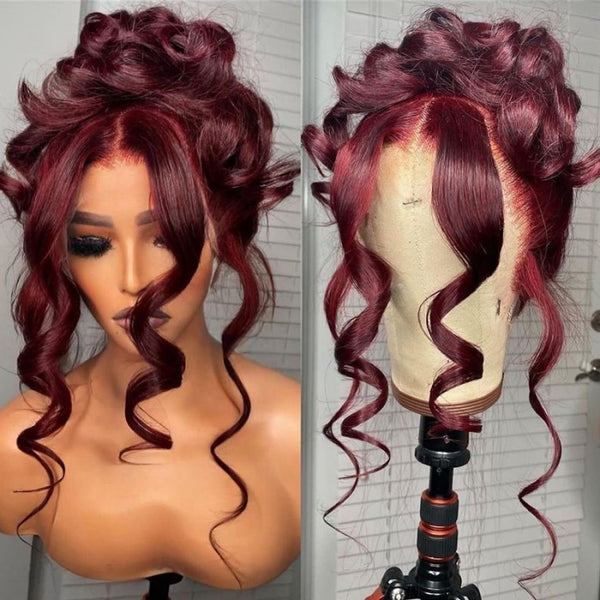 Klaiyi Body Wave Lace Frontal Wig Human Hair with Baby Hair Color Burgundy #99J Flash Sale