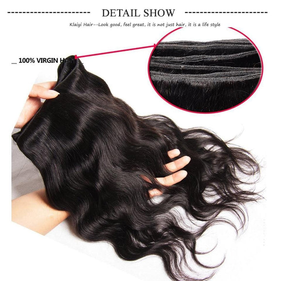 Klaiyi Malaysian Body Wave, lot de 3 mèches avec fermeture frontale en dentelle d'oreille à oreille, 100% cheveux humains vierges. 