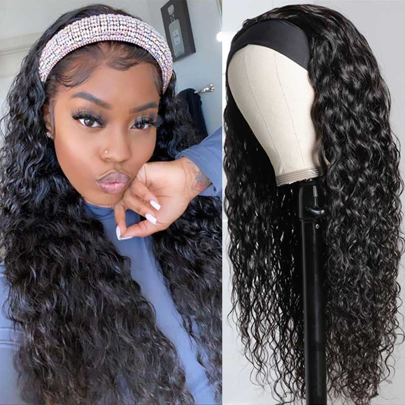 Klaiyi Headband Water Wave Wig With Pre-attached Scarf 180% Density Human Hair Wigs