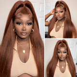 Klaiyi Kinky Straight Reddish Brown Lace Front Wig Human Hair Auburn Copper Color for Women
