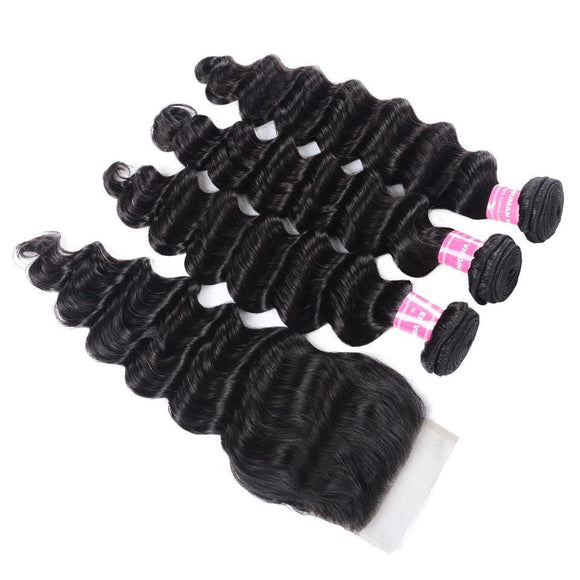 Klaiyi Indian Loose Deep Wave, lot de 3 mèches avec fermeture à lacets 4*4, en promotion