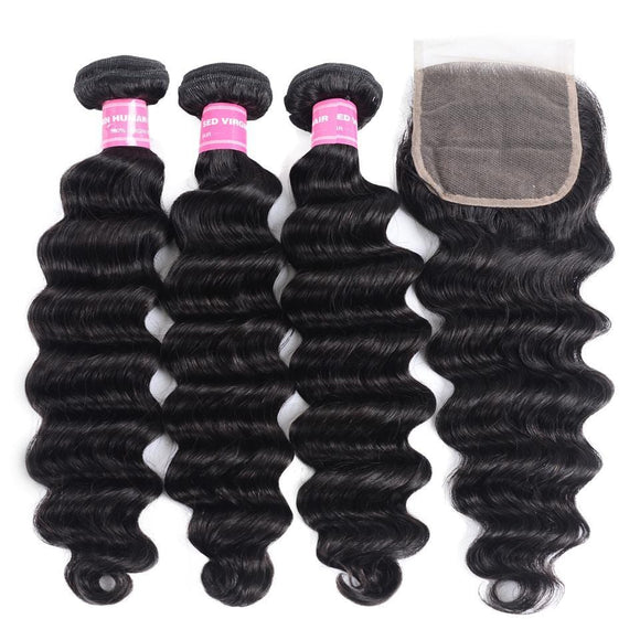 Klaiyi Indian Loose Deep Wave, lot de 3 mèches avec fermeture à lacets 4*4, en promotion