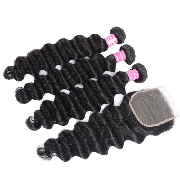 Klaiyi Indian Loose Deep Wave, lot de 3 mèches avec fermeture à lacets 4*4, en promotion