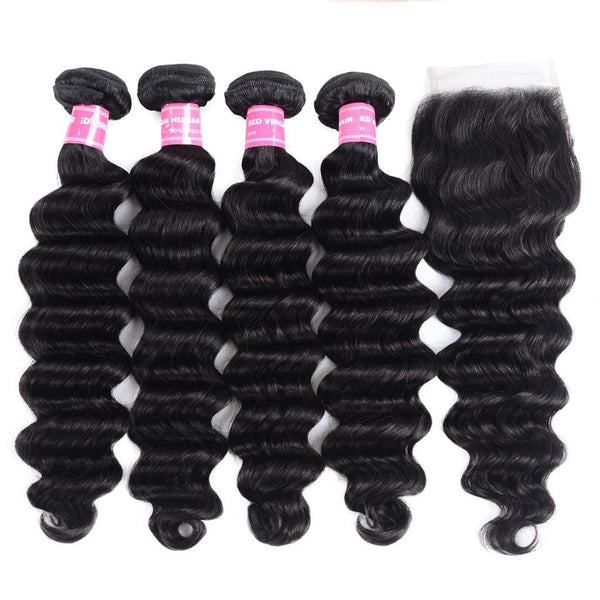 Klaiyi 4 Bundles Loose Deep Wave Hair Weaves with 4*4 Lace Closure