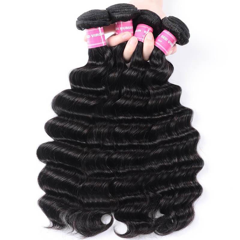 Brazilian Loose Deep Wave 3 Bundles with Lace Frontal Closure, 13*4 Ear to Ear, 100% Virgin Hair-Klaiyi