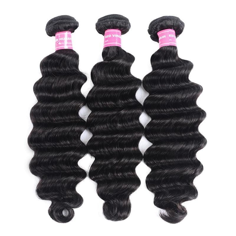 Klaiyi Loose Deep Wave Malaysian Virgin Hair 3 Bundles with 13*4 Ear to Ear Lace Closure