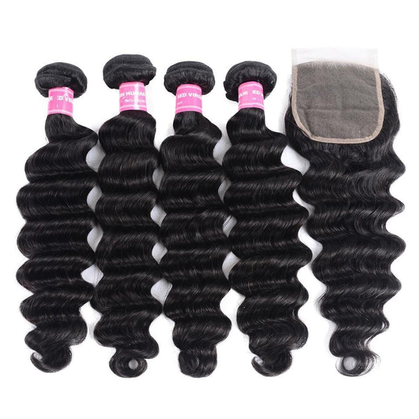 Klaiyi 4 Bundles Loose Deep Wave Hair Weaves with 4*4 Lace Closure