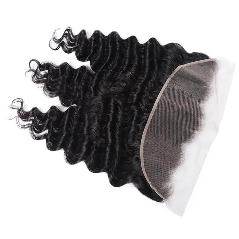 Klaiyi Virgin Peruvian Loose Deep Wave 3 Pieces with Frontal Closure, 13*4 Ear to Ear