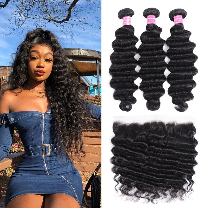 Brazilian Loose Deep Wave 3 Bundles with Lace Frontal Closure, 13*4 Ear to Ear, 100% Virgin Hair-Klaiyi