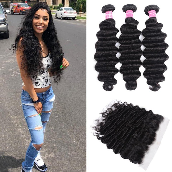 Klaiyi Virgin Peruvian Loose Deep Wave 3 Pieces with Frontal Closure, 13*4 Ear to Ear