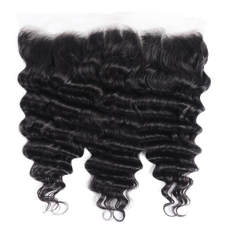 Klaiyi Virgin Peruvian Loose Deep Wave 3 Pieces with Frontal Closure, 13*4 Ear to Ear