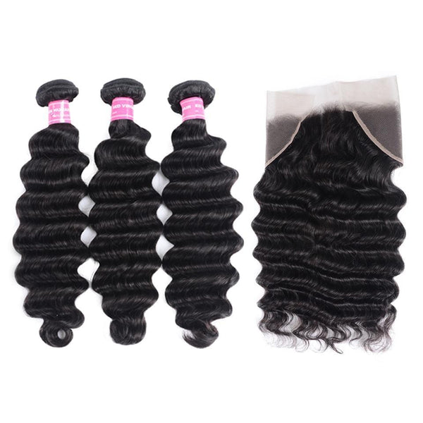 Klaiyi Indian Loose Deep Wave 3 Bundles with Frontal Closure on deals