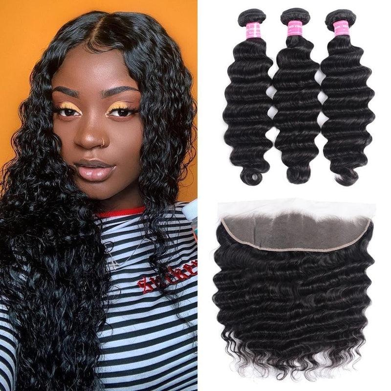 Klaiyi Loose Deep Wave Malaysian Virgin Hair 3 Bundles with 13*4 Ear to Ear Lace Closure