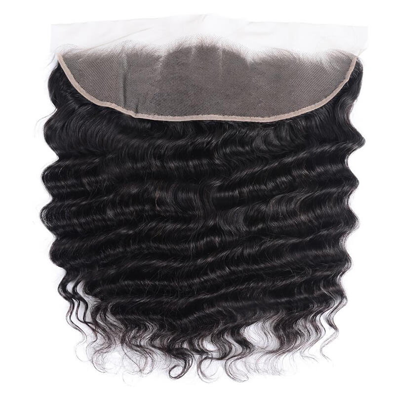 Klaiyi Virgin Peruvian Loose Deep Wave 3 Pieces with Frontal Closure, 13*4 Ear to Ear