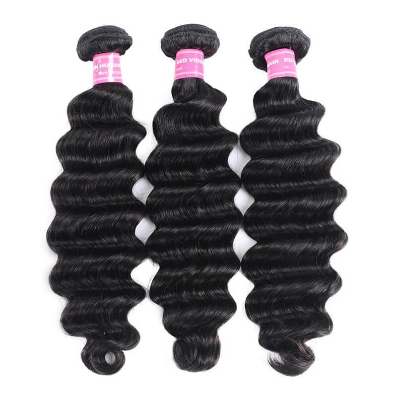 Brazilian Loose Deep Wave 3 Bundles with Lace Frontal Closure, 13*4 Ear to Ear, 100% Virgin Hair-Klaiyi