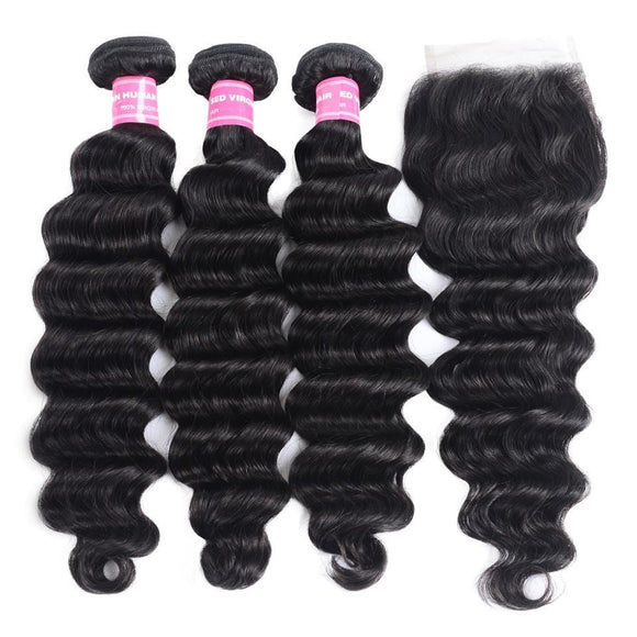 Klaiyi Indian Loose Deep Wave, lot de 3 mèches avec fermeture à lacets 4*4, en promotion
