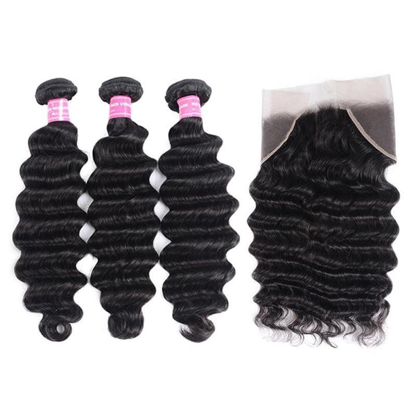 Klaiyi Loose Deep Wave Malaysian Virgin Hair 3 Bundles with 13*4 Ear to Ear Lace Closure