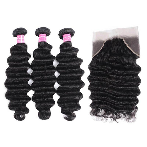 Klaiyi Virgin Peruvian Loose Deep Wave 3 Pieces with Frontal Closure, 13*4 Ear to Ear