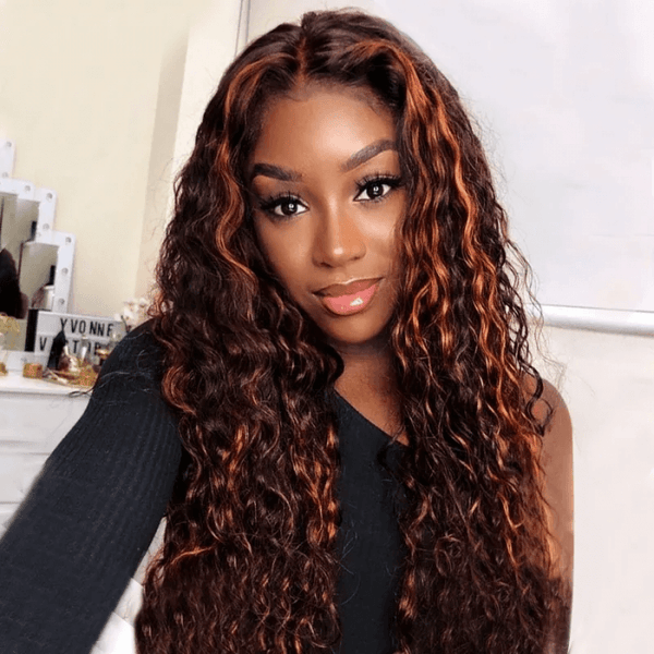 Klaiyi New Fashion Spiral Curl Lace Front Wig Human Hair Mix Brown Ginger and Copper Red Color