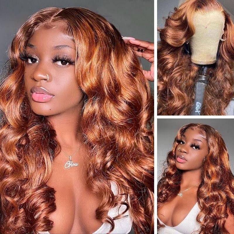 Klaiyi Voluminous Bouncy Curls Lace Front Loose Wave Wigs Chestnut Brown Highlight Color Wigs 180% Density