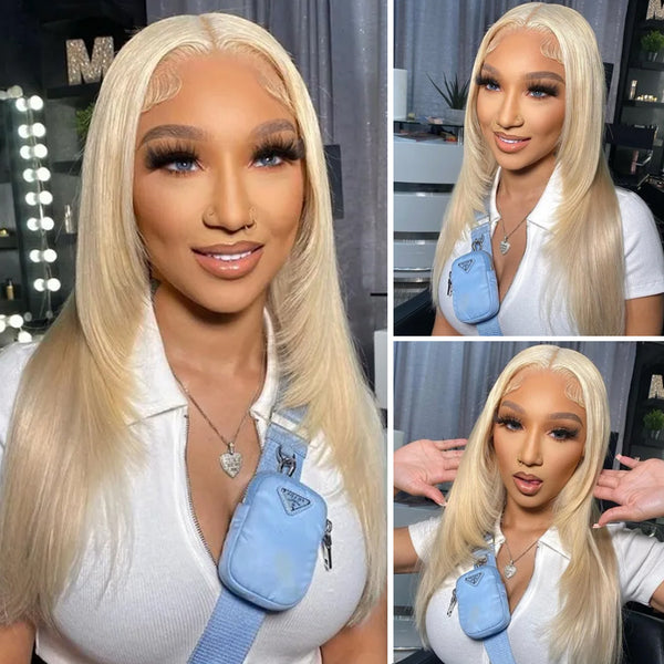 Klaiyi #613 Blonde Bone Straight Lace Front Wigs with Layer Inner Buckle Virgin Human Hair Wigs For Women