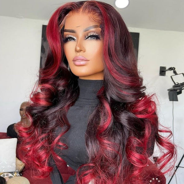 Klaiyi Ombre Highlight Dark Burgundy with Rose Red 13x4 Lace Frontal Wig Loose Wave