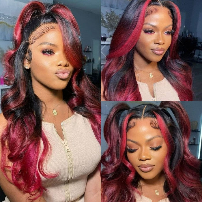 All Length $119 Deals|Klaiyi Ombre Highlight Dark Burgundy with Rose Red 13x4 Lace Frontal Wig Body Wave Wig Flash Sale