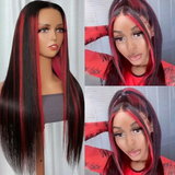 Klaiyi 13x4 Lace Front Straight Black Wig With Magenta Highlights Flash Sale