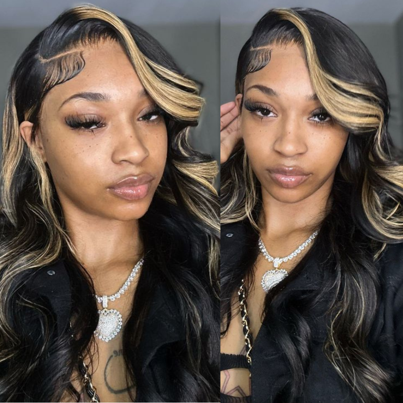 Klaiyi 13x4 Natural Color With Peek A Boo Blonde Highlights Lace Front Body Wave Wig