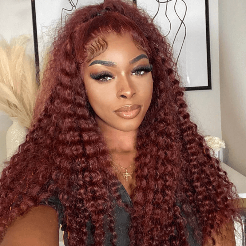Klaiyi 180% Density Reddish Brown Dark Red Color Deep Wave Lace Front Wig Flash Sale