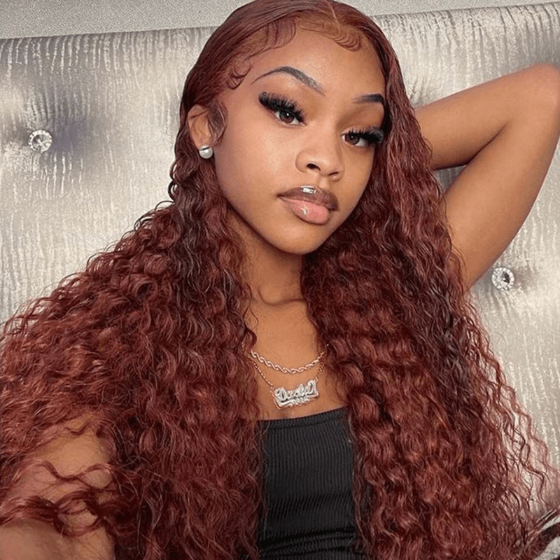 Klaiyi 180% Density Reddish Brown Dark Red Color Deep Wave Lace Front Wig Flash Sale