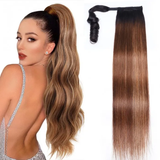 Klaiyi 1B/412 Brown Ombre Clip in Straight Ponytails Hair Extensions Wrap Around Ponytail Braids